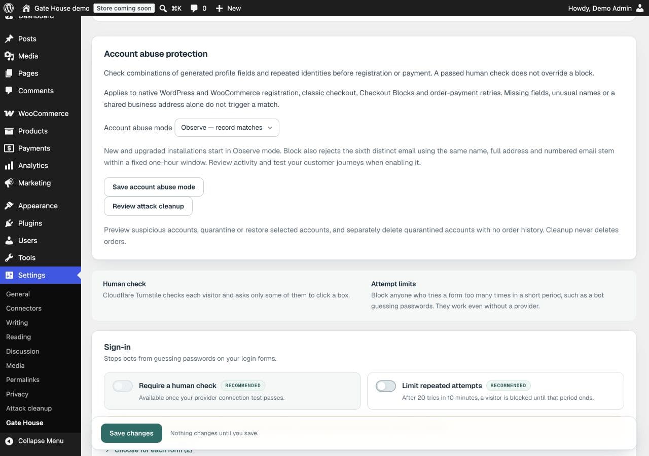 Account abuse protection set to Observe, with the Save account abuse mode button and Review attack cleanup link.