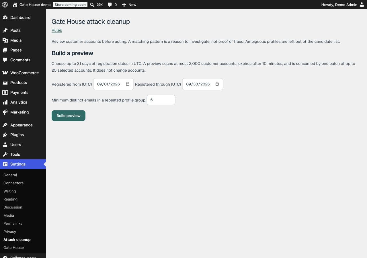 Attack cleanup preview form with registration dates, repeated-profile threshold and Build preview button.