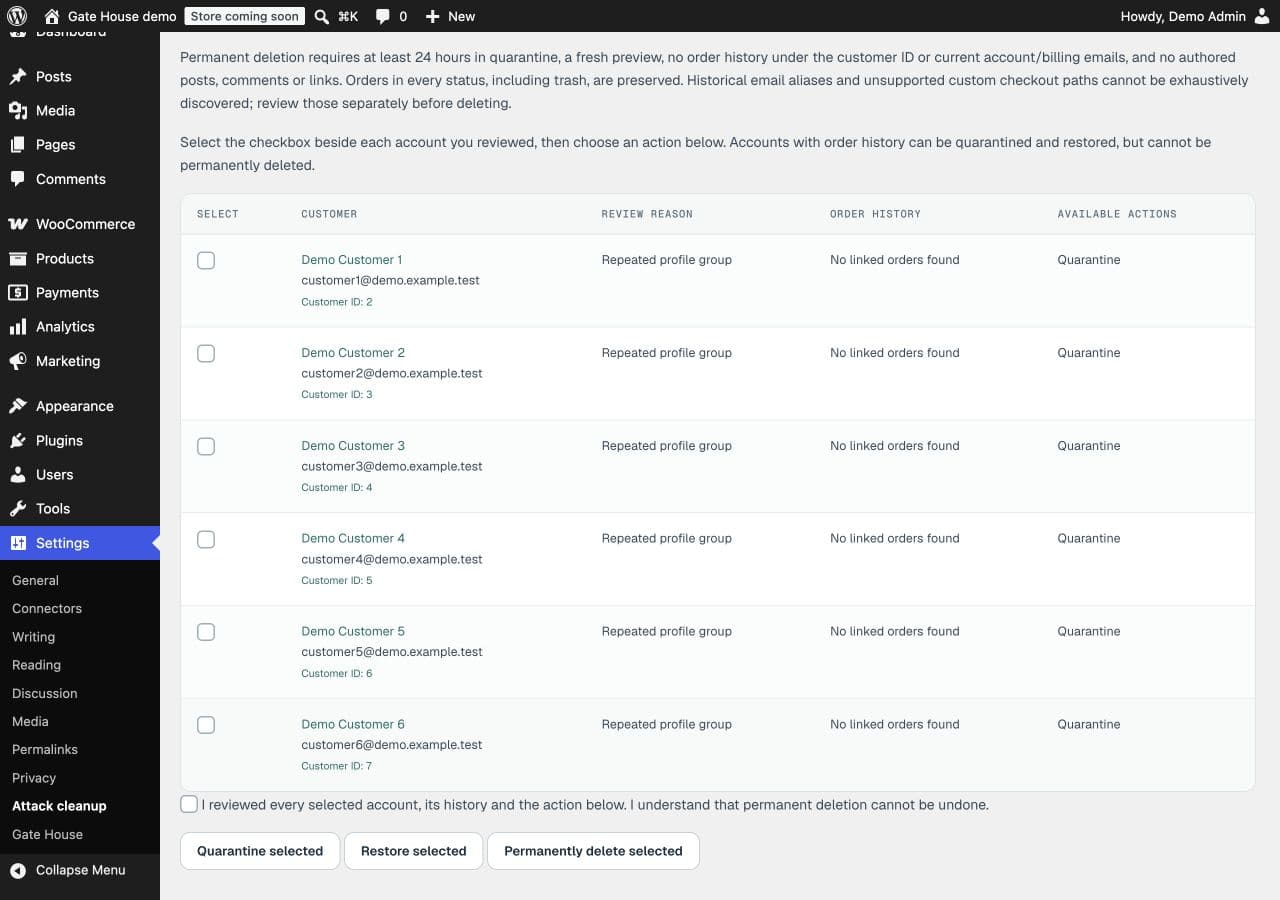 Attack cleanup preview with synthetic customer accounts, individual selection boxes, review reasons, order history and available actions.