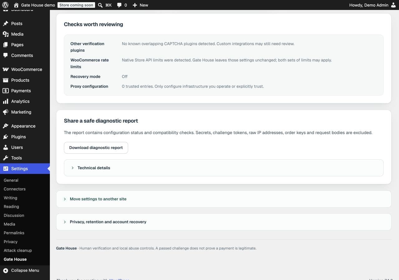 Gate House Diagnostics showing checks worth reviewing and the Download report button.