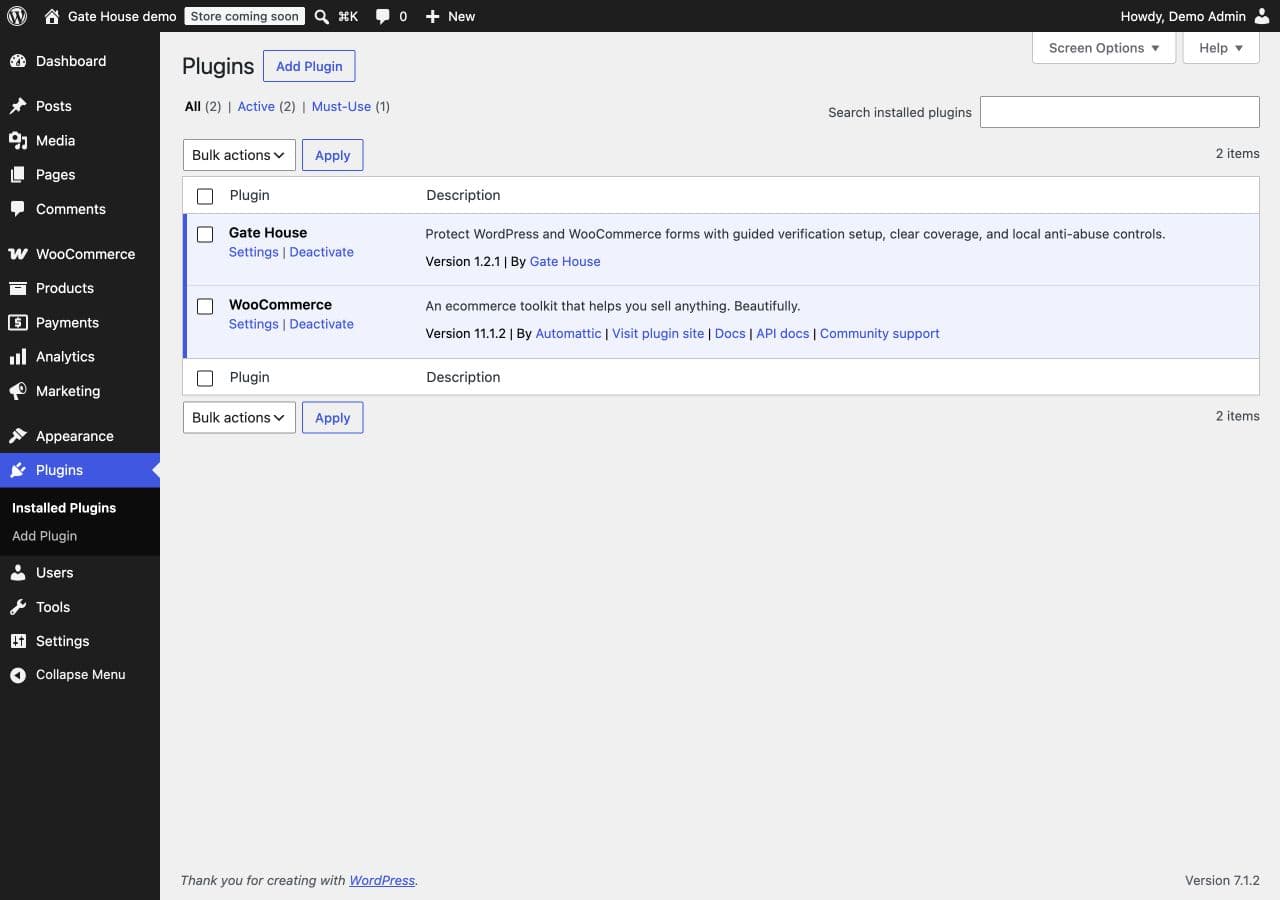 Gate House 1.2.1 active in the WordPress Installed Plugins list, with Settings and Deactivate links.