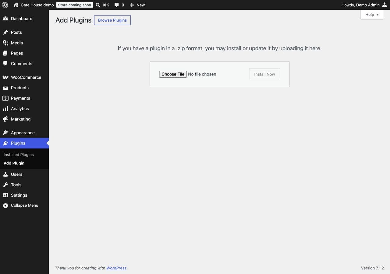 WordPress Add Plugins screen with Upload Plugin open, a Choose File field and Install Now button.