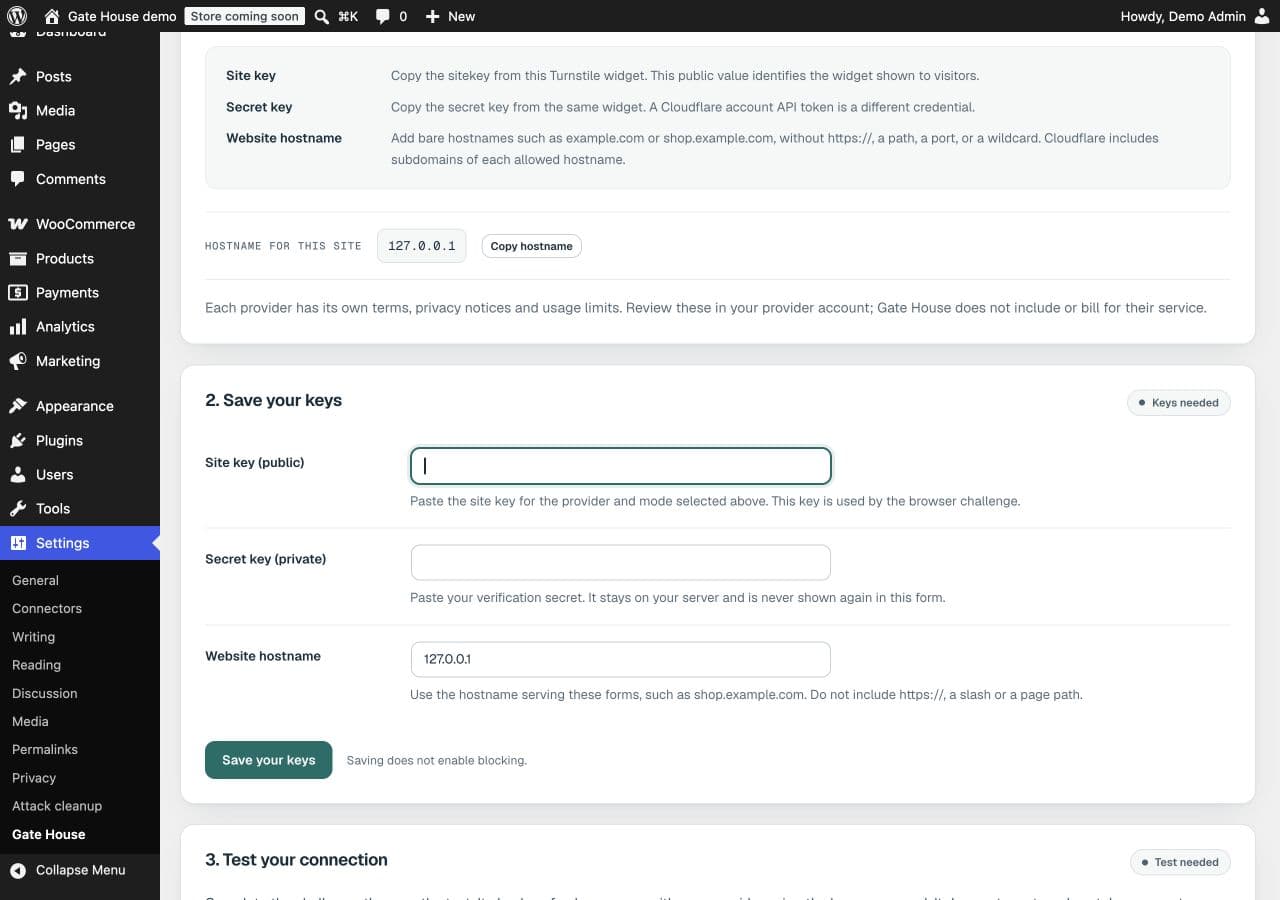 Provider setup showing the site hostname, empty Site key and Secret key fields, and Save your keys button.